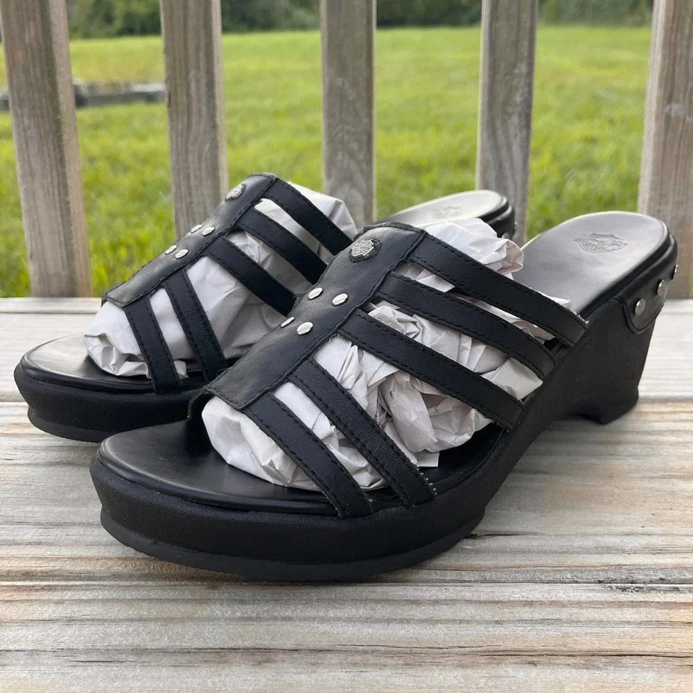 Harley Davidson Wedge Sandals Womens 10 Black Leather Studded Strappy D82432